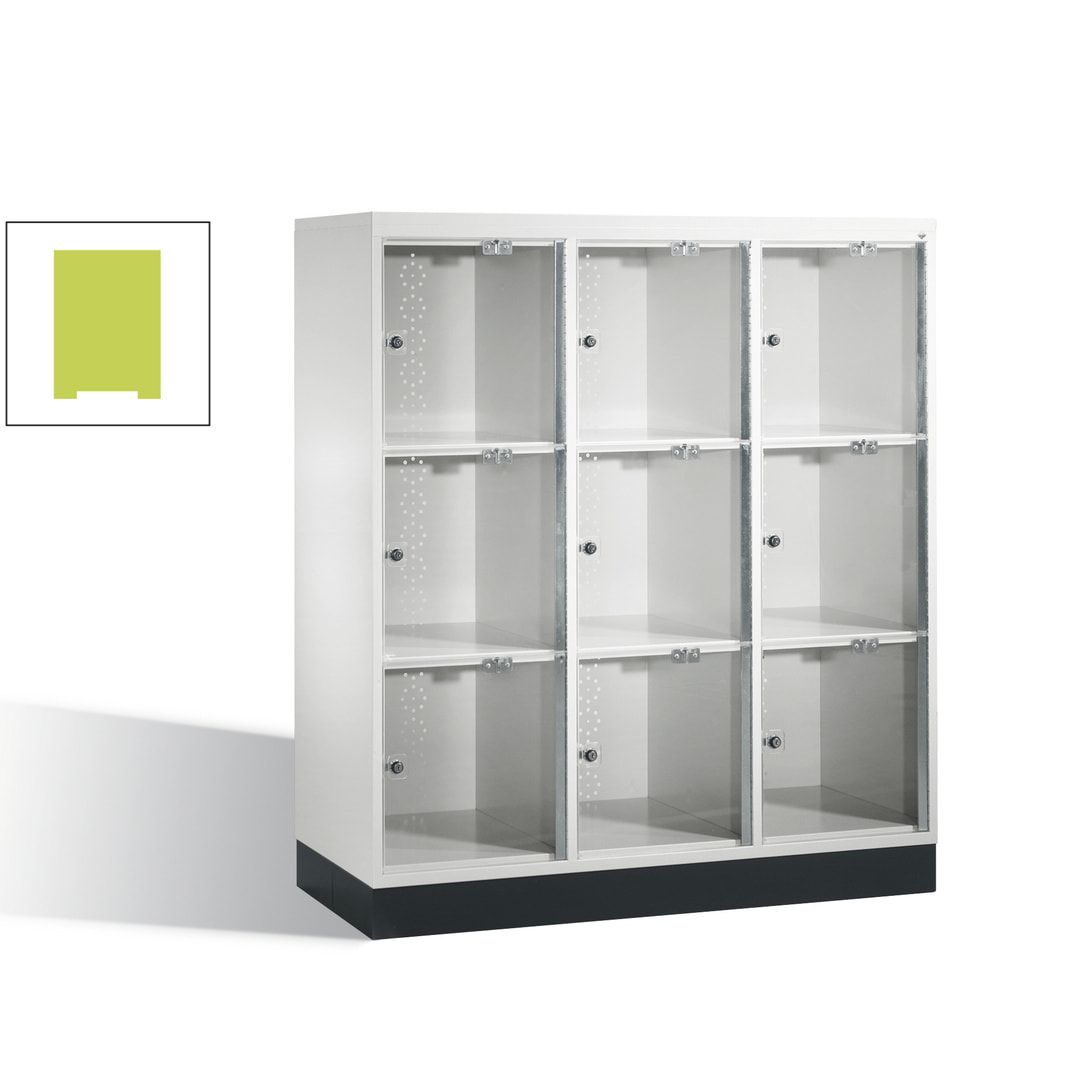Schließfachschrank, Fächerschrank mit Türen aus Acrylglas, 3 Abteile, 9 Fächer, Zylinderschloss, 1.370 x 1.220 x 500 mm (HxBxT), Korpus anthrazitgrau