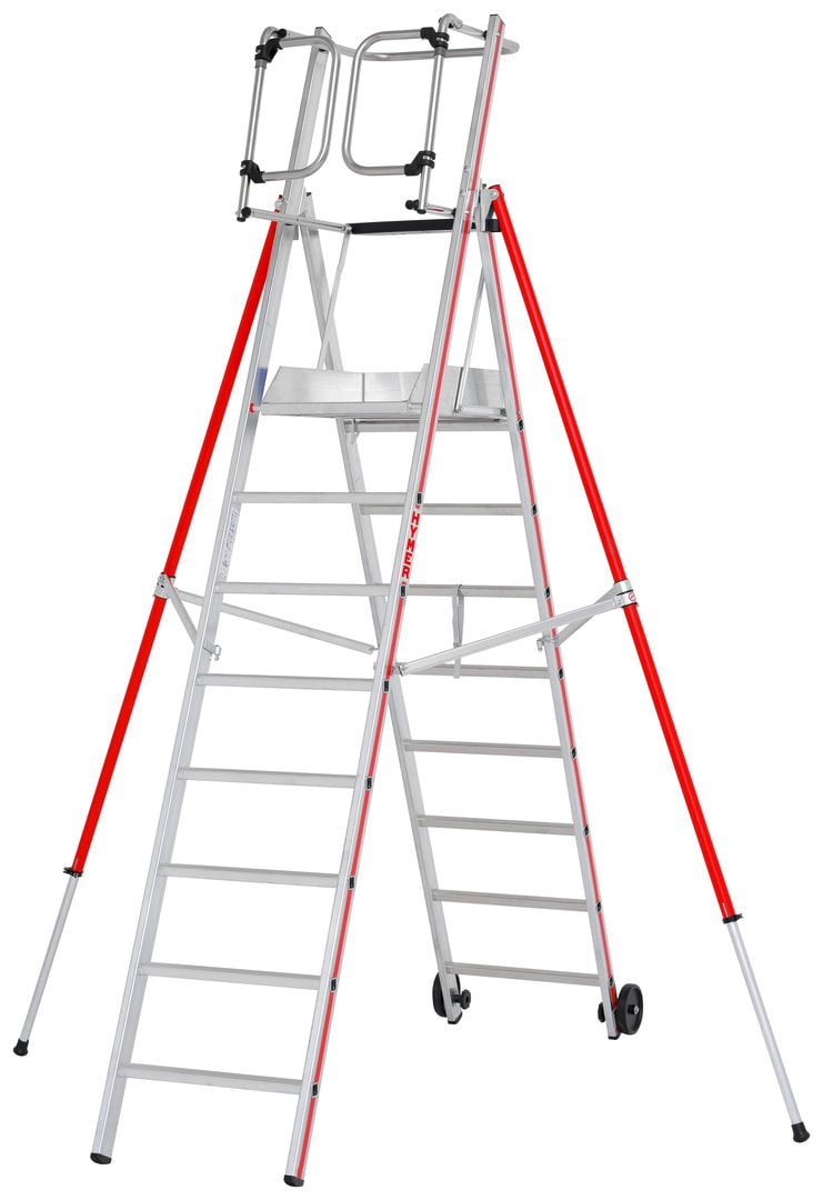 Erweiterbare Plattformleiter - Länge 1.850 mm - Plattform mit Geländer - mit Ablageschale - Aluleiter