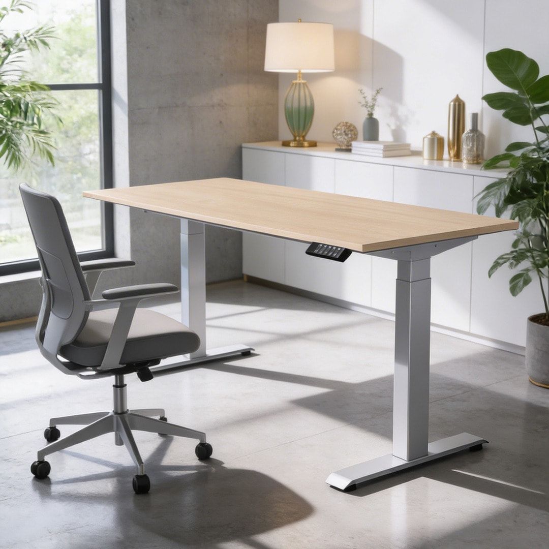 Schreibtisch, Elevate Basic, elektronisch höhenverstellbar, 730 - 1.230 x 1.200 x 800 mm (HxBxT), Gestell anthrazit, Dekor Ahorn