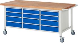 Mobile Werkbank mit 12 Schubladen - Teilauszug - 120:6 / 150:6 - 880 x 2.000 x 900 mm (HxBxT) - 450 kg - Buche - Farbe wählbar