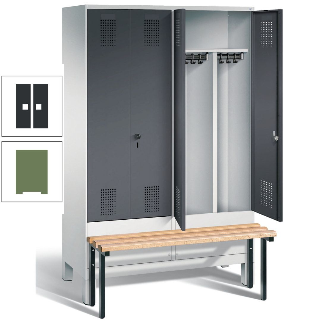 Doppel-Spind, Garderobenschrank, Buche Sitzbank vorgebaut, 4 Abteile a 300 mm, Korpus feuerrot, Tür Wasserblau, 1.850 x 1.200 x 815 mm (HxBxT)