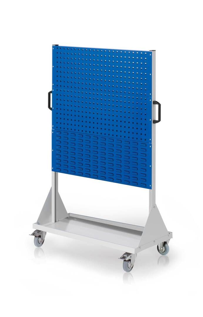 Mobiler Rollwagen, 4 Loch- und 2 Schlitzplatten, 10 Halter, 8 Sichtlagerkästen, SLK-Halter, Transportbehälter, 1.580 x 1.000 x 500 mm, Anthrazitgrau