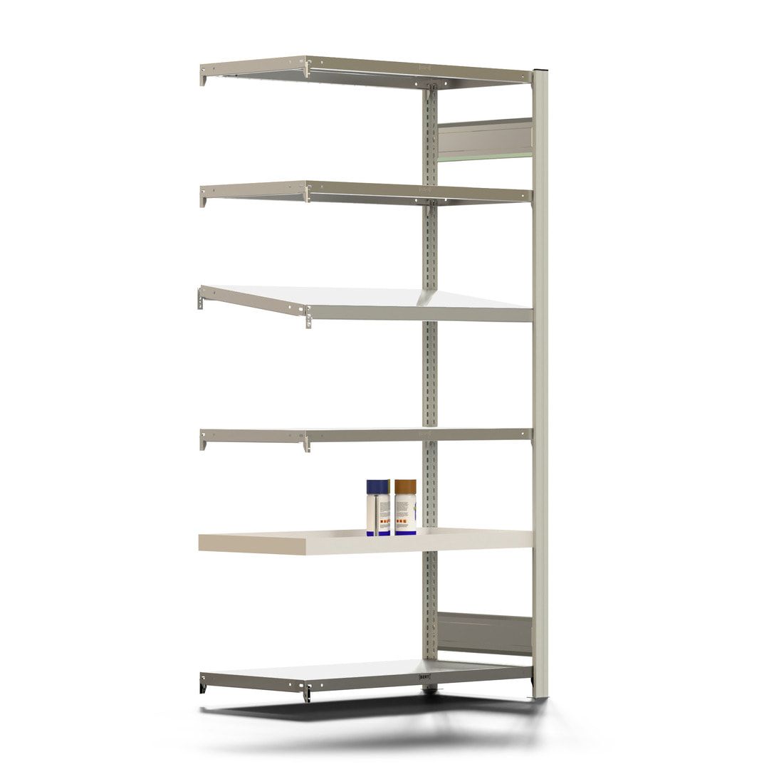 Fachbodenregal mit Auffangwanne - 150 kg - 4 Fachböden - 1 Schrägboden - 2.000 x 1.005 x 500 mm (HxBxT) - Anbauregal - verzinkt
