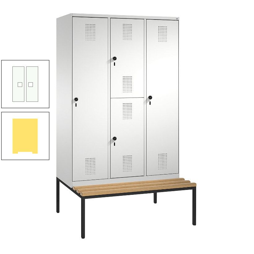 Garderobenschrank, Spind ein- und doppelstöckig Sitzbank, 3 Abteile, 4 Fächer, 2.090x1.200x500 mm (HxBxT), Front anthrazitgrau, Korpus anthrazitgrau