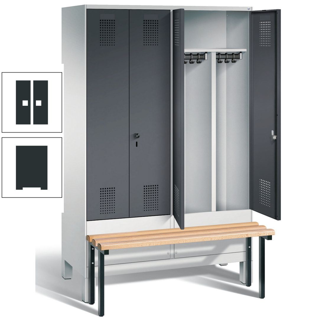 Doppel-Spind, Garderobenschrank, Buche Sitzbank vorgebaut, 4 Abteile a 300 mm, Korpus feuerrot, Tür Wasserblau, 1.850 x 1.200 x 815 mm (HxBxT)