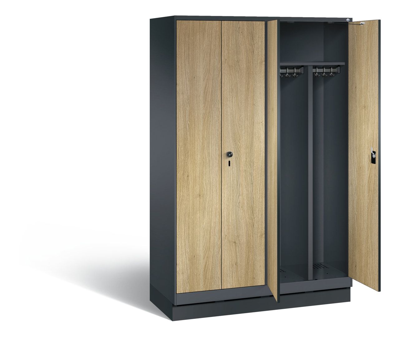 Doppel-Spind, Garderobenschrank auf Sockel, 2 Abteile a 300 mm, Korpus anthrazitgrau, Tür Dekorfront HPL Donau-Ahorn, 1.800 x 1.200 x 500 mm (HxBxT)