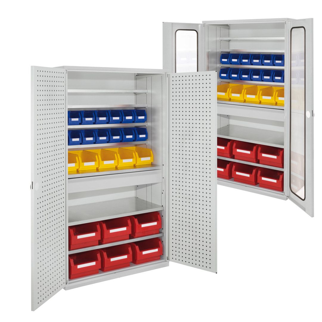 Magazinschrank - 25 Sichtlagerkästen - Lochplattentüren - 1 Schublade - 7 Böden - 1.950 x 1.130 x 590 mm (HxBxT) - lichtgrau