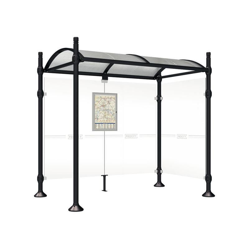Buswartehalle, Unterstand, 2 Seitenwände, Kopf gebürsteter Edelstahl, ESG, Fahrplanschaukasten, 2.500 x 2.500 x 1.600 mm (HxBxT), Farbe enzianblau