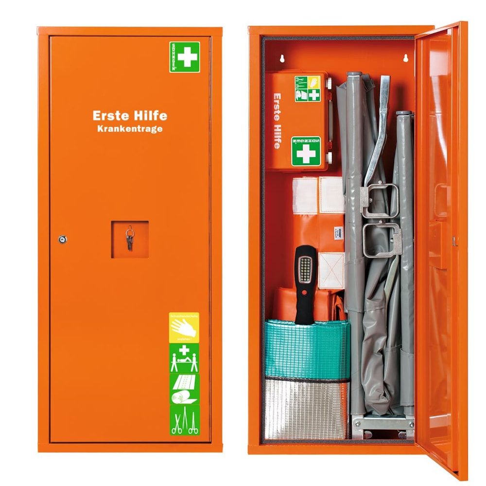 Medizinschrank, Erste Hilfe Schrank, für Krankentrage und Erste Hilfe Koffer, ohne Inhalt, Notfallschlüsselfach, 1.120 x 490 x 200 mm (HxBxT)