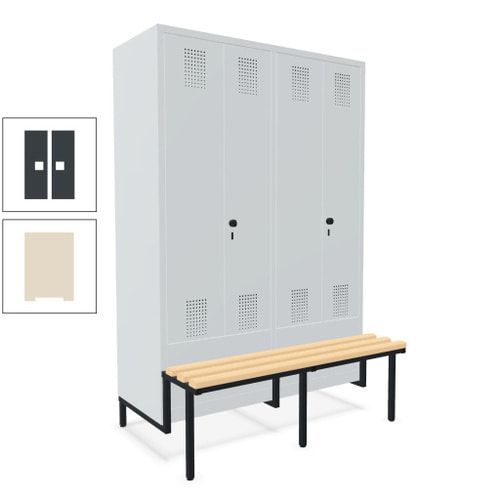 Doppel-Spind, Garderobenschrank, Buche Sitzbank integriert, 4 Abteile 300 mm, Korpus anthrazitgrau, Tür anthrazitgrau, 1.850 x 1.200 x 815 mm (HxBxT)