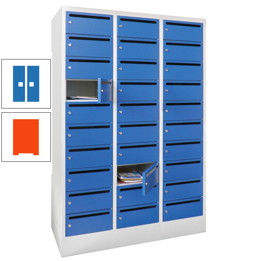 Postverteilerschrank, Schließfachschrank, 3 Abteile a 300 mm, 30 Fächer, 1.850 x 900 x 500 mm (HxBxT), Korpus anthrazitgrau, Front anthrazitgrau
