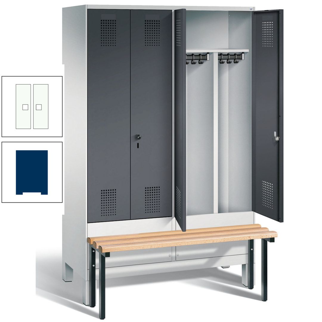 Doppel-Spind, Garderobenschrank, Buche Sitzbank vorgebaut, 4 Abteile a 300 mm, Korpus feuerrot, Tür Wasserblau, 1.850 x 1.200 x 815 mm (HxBxT)