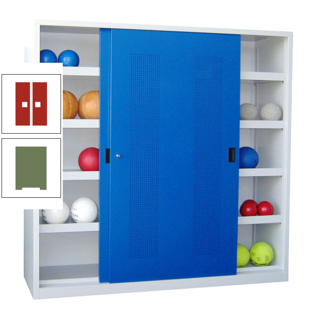 Ballschrank - Schiebetüren mit Lochfeld - Trennwand - 8 Böden - 1.950x2.000x600 mm (HxBxT) - anthrazitgrau