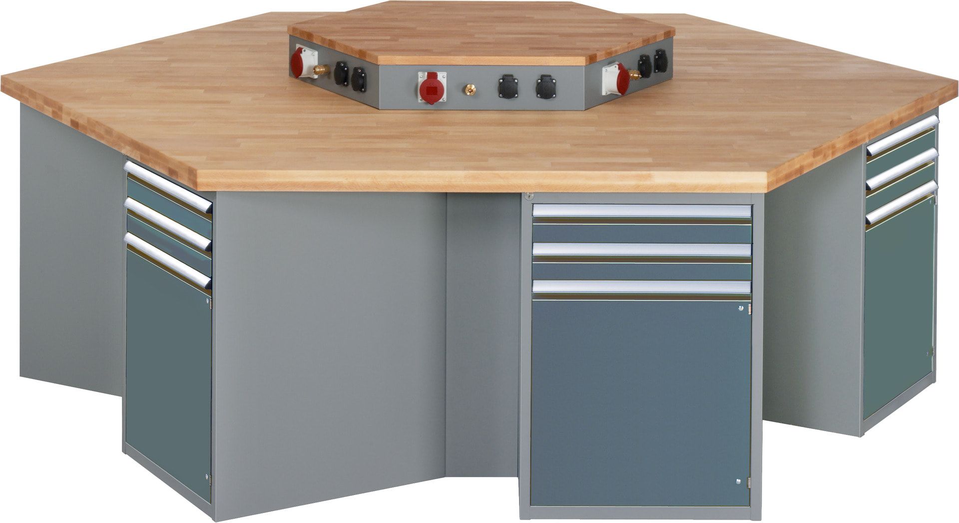 Gruppenwerkbank, Buche, Höhe 840 mm, mit Energieaufsatz, Unterbau-Container, 2 Schubladen, 1 Tür, 1 Boden - Anthrazitgrau