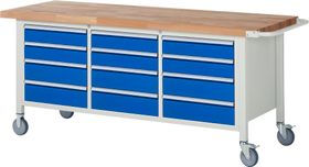 Mobile Werkbank mit 12 Schubladen - Teilauszug - 120:6 / 150:6 - 880 x 2.000 x 700 mm (HxBxT) - 450 kg - Buche - Farbe wählbar