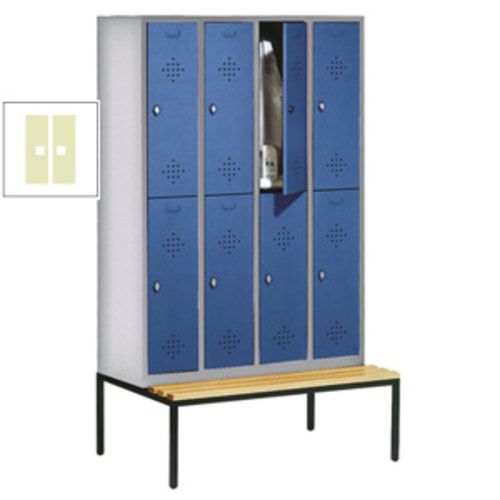 Garderobenschrank, Spind, 4 Abteile 8 Fächer, 2.090 x 1.190 x 815 mm (HxBxT), Hartholz Sitzbank untergebaut, Korpus anthrazitgrau, Türen anthrazitgrau
