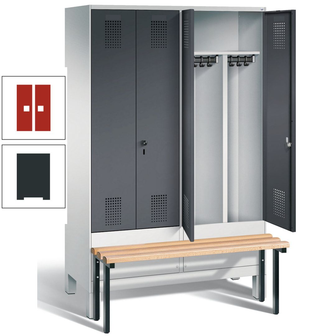 Doppel-Spind, Garderobenschrank, Buche Sitzbank vorgebaut, 4 Abteile a 300 mm, Korpus feuerrot, Tür Wasserblau, 1.850 x 1.200 x 815 mm (HxBxT)