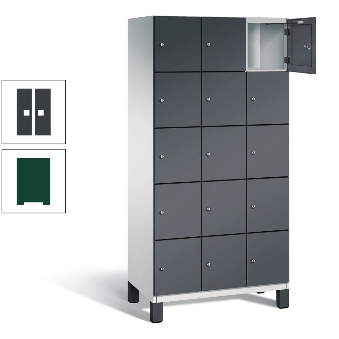 Fächerschrank, Stahlschrank, 15 Fächer, Türöffnungsbegrenzer, Füße, 1.980 x 900 x 525 mm (HxBxT), Korpus anthrazitgrau, Front anthrazitgrau