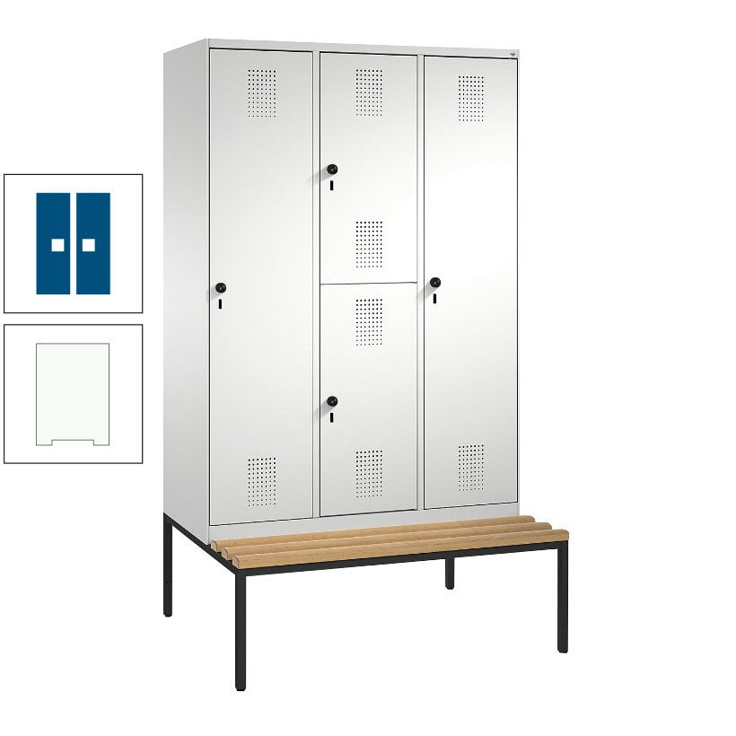 Garderobenschrank, Spind ein- und doppelstöckig Sitzbank, 3 Abteile, 4 Fächer, 2.090x1.200x500 mm (HxBxT), Front anthrazitgrau, Korpus anthrazitgrau