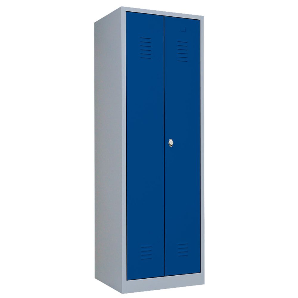 Mehrzweckschrank, Garderobenschrank, 2 Abteile, 6 Fächer, 1.800 x 600 x 500 mm (HxBxT), Kleiderstange, Stahl, Korpus: lichtgrau, Front: enzianblau