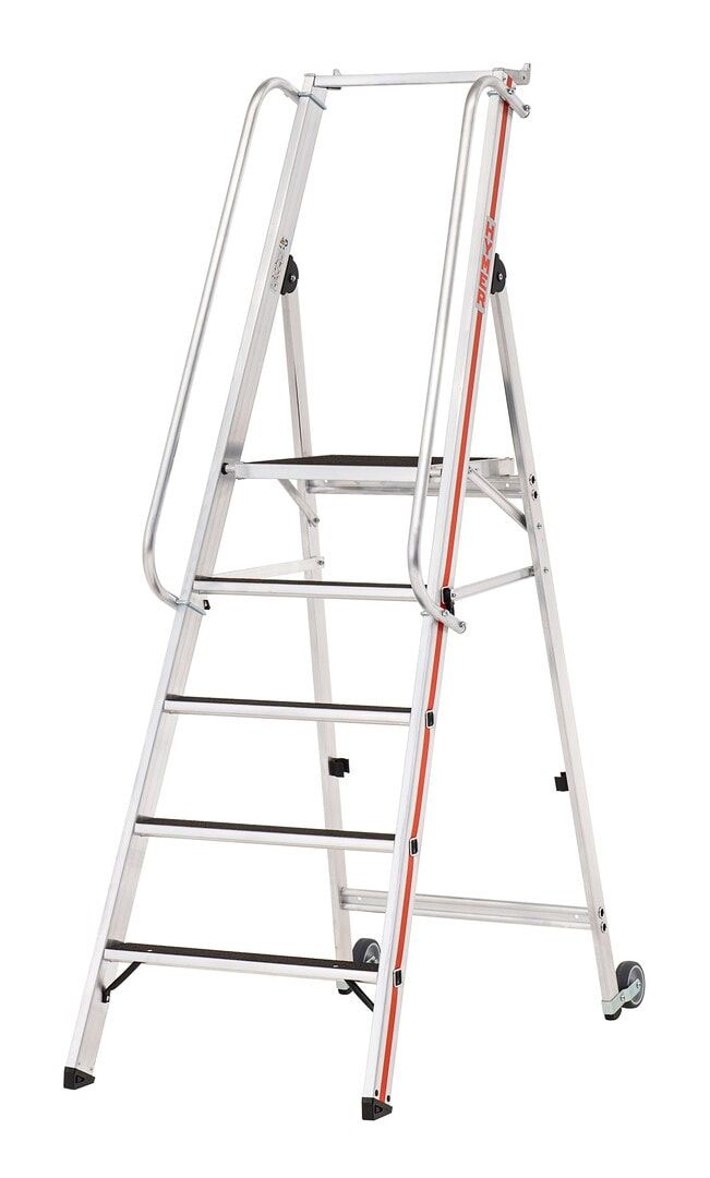 Plattformleiter mit langem Handlauf, zwei Kipprollen, Rutschhemmung R13, Ablage und Eimerhaken, Leiterlänge 1.950 mm, 4 Stufen, Traglast 150 kg, Hymer