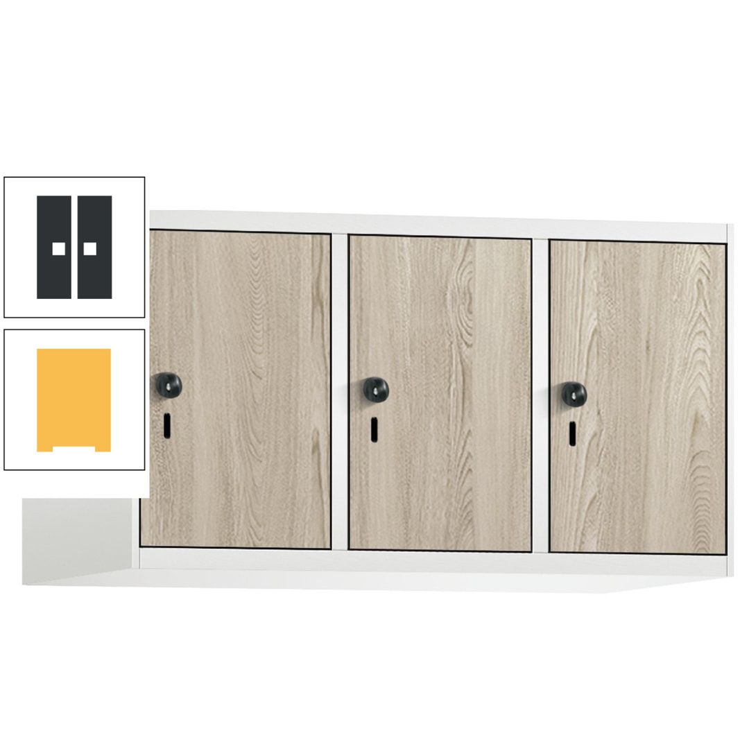 Aufsatzschrank, Schrankaufsatz, 3 Fächer a 300 mm, Farbe Pastellgelb, Tür anthrazitgrau, 500 x 900 x 500 mm (HxBxT)