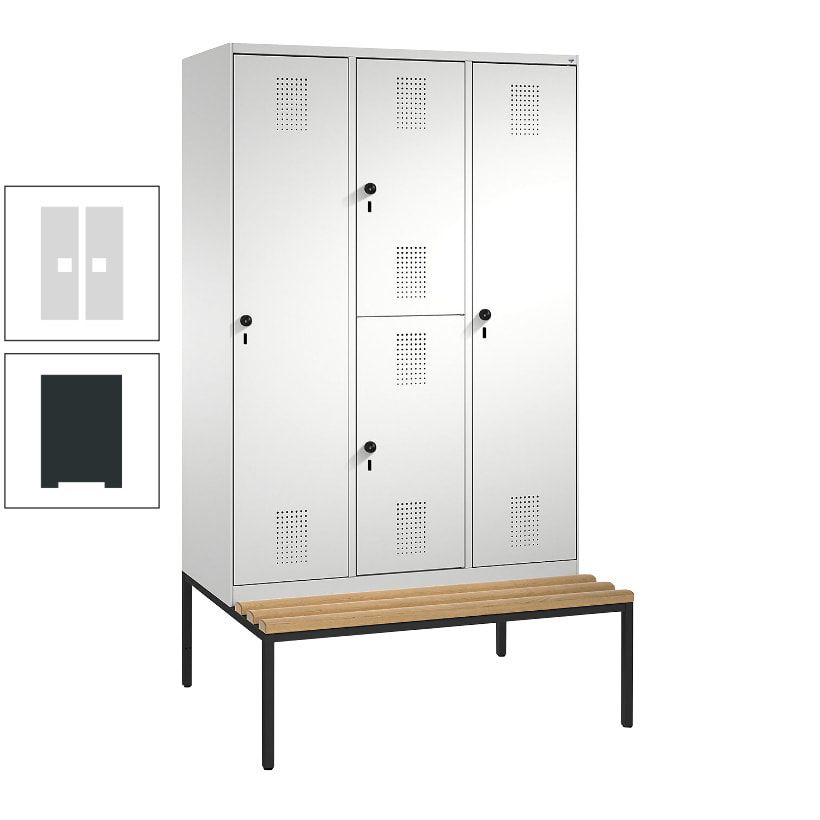 Garderobenschrank, Spind ein- und doppelstöckig Sitzbank, 3 Abteile, 4 Fächer, 2.090x1.200x500 mm (HxBxT), Front anthrazitgrau, Korpus anthrazitgrau