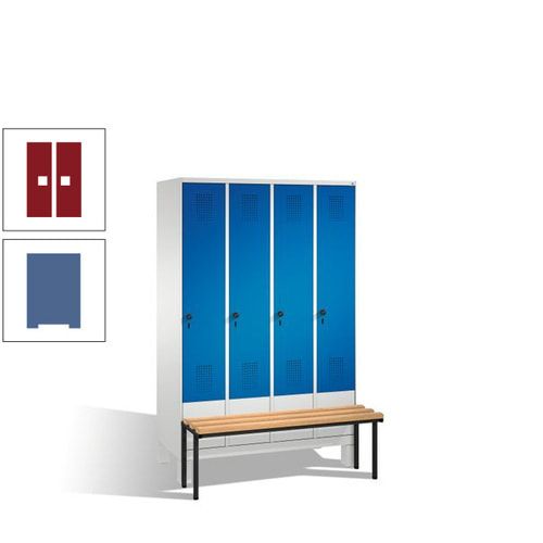Stahl-Garderobenschrank, Spind, Buche Sitzbank vorgebaut, 4 Abteile a 300 mm, Korpus Lichtgrün, Tür Schwefelgelb, 1.850 x 1.200 x 815 mm (HxBxT)