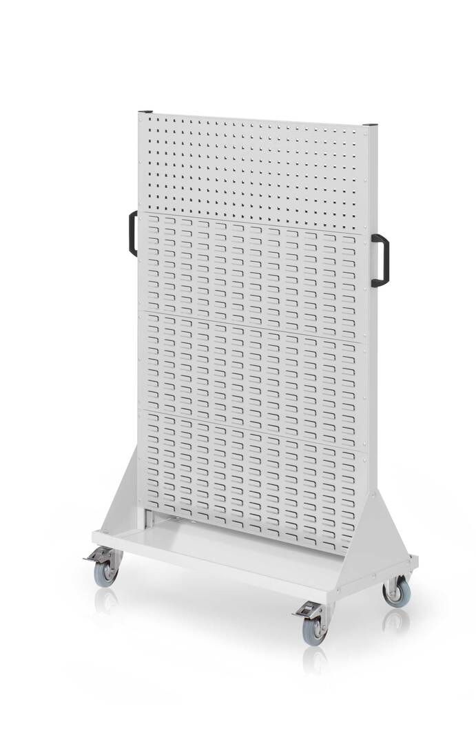 Mobiler Rollwagen, 2 Loch- und 6 Schlitzplatten, 10 Halter und 21 Sichtlagerkästen, Böden, Schrank, 1.620 x 1.000 x 500 mm (HxBxT), Anthrazitgrau
