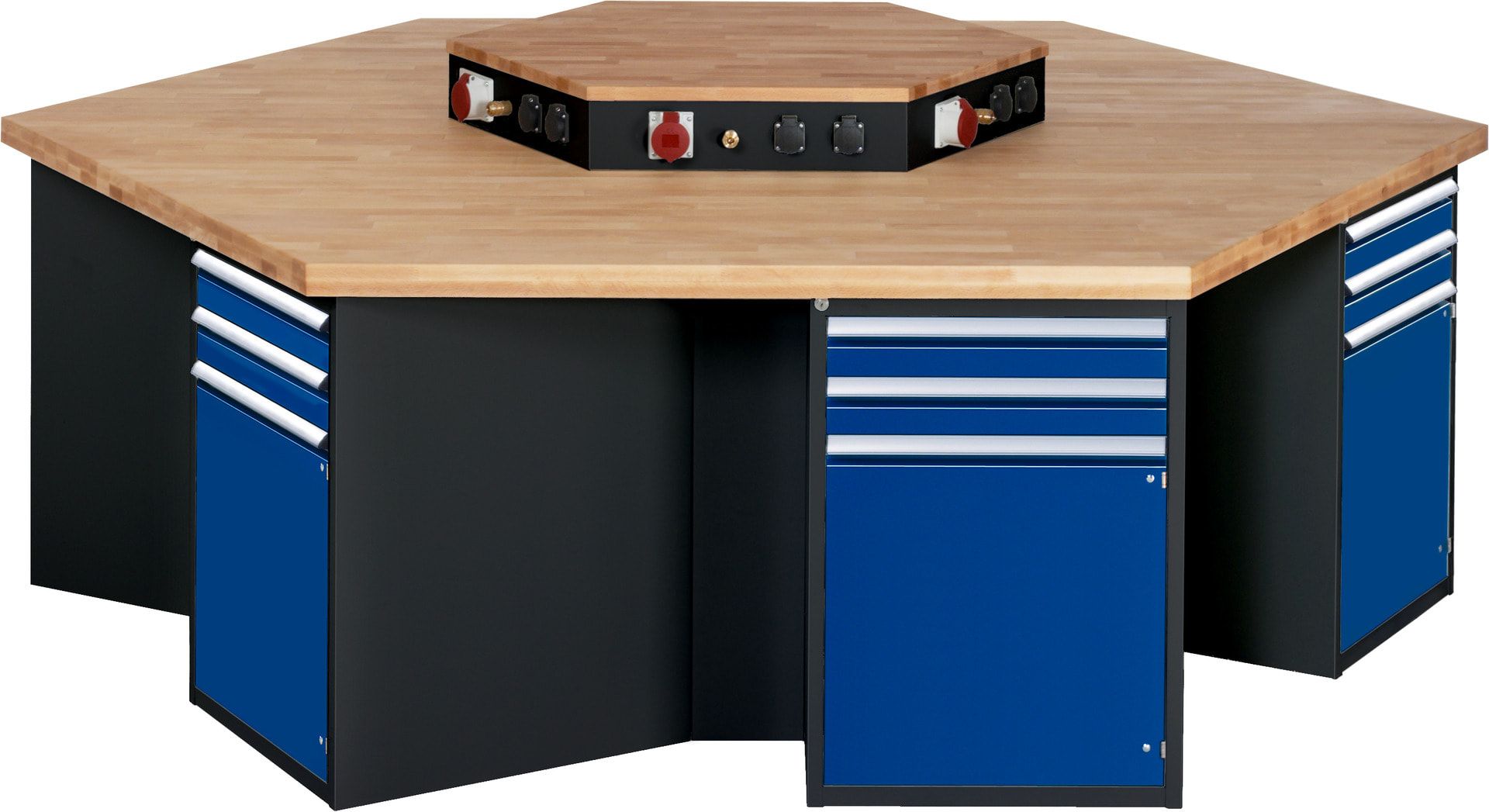 Gruppenwerkbank, Buche, Höhe 840 mm, mit Energieaufsatz, Unterbau-Container, 2 Schubladen, 1 Tür, 1 Boden - Anthrazitgrau