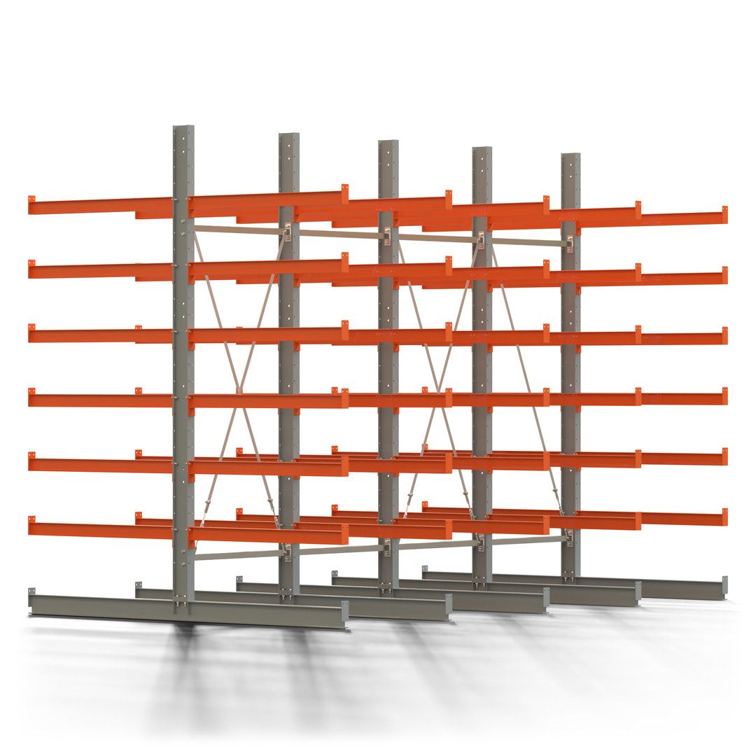 Doppelseitiges Kragarmregal, 2 Felder, 3.000 x 2.000 x 1.120 mm (HxBxT), Nutztiefe 500 mm, Kragarmlast 870 kg, KARL basic, silbergrau/reinorange