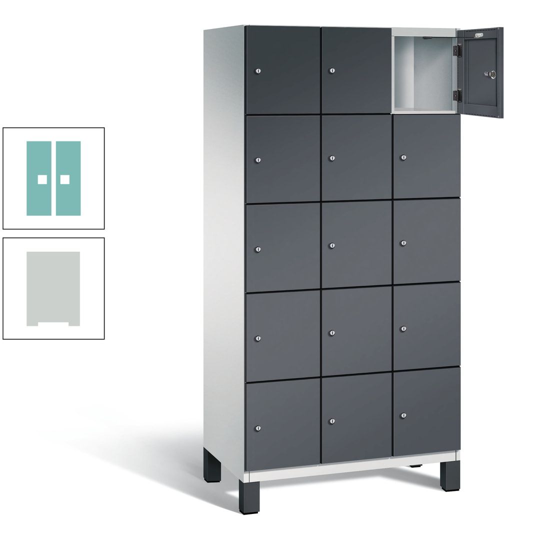 Fächerschrank, Stahlschrank, 15 Fächer, Türöffnungsbegrenzer, Füße, 1.980 x 900 x 525 mm (HxBxT), Korpus anthrazitgrau, Front anthrazitgrau