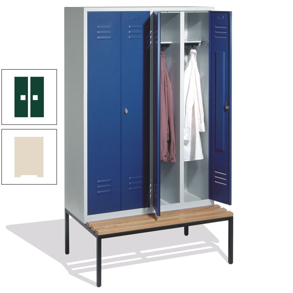 Doppel-Spindschrank, Buche Sitzbank untergebaut, 4 Abteile a 300 mm, Korpus lichtgrau, Tür anthrazitgrau, 2.090 x 1.190 x 815 mm (HxBxT)