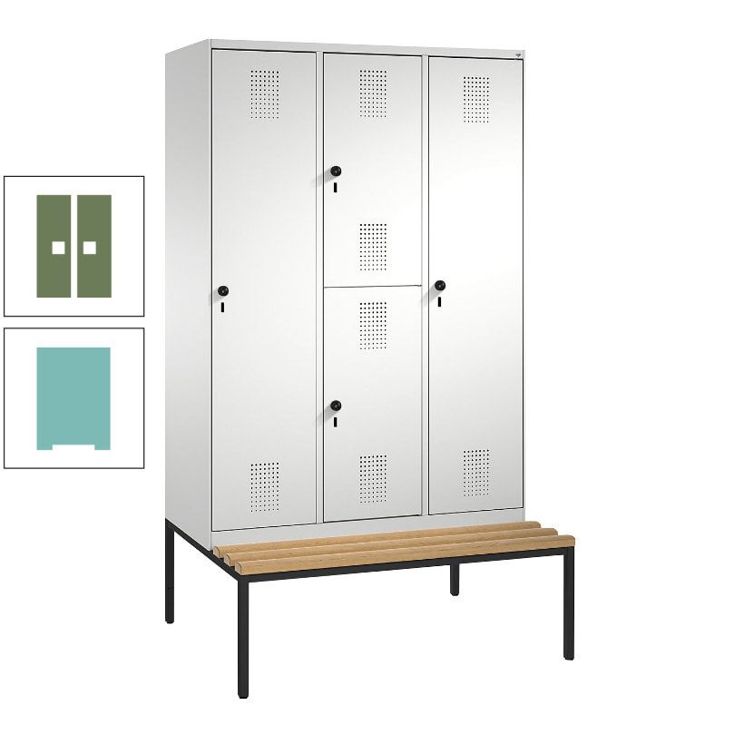 Garderobenschrank, Spind ein- und doppelstöckig Sitzbank, 3 Abteile, 4 Fächer, 2.090x1.200x500 mm (HxBxT), Front anthrazitgrau, Korpus anthrazitgrau