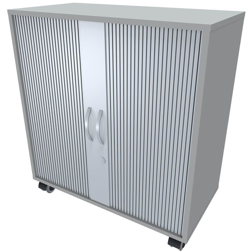 Querrollladenschrank mobil, 2 Ordnerhöhen, 4 Rollen, 2 feststellbar, abschließbar, Gewicht 30 kg, 865 x 800 x 425 mm (HxBxT), Farbe silber/Nussbaum