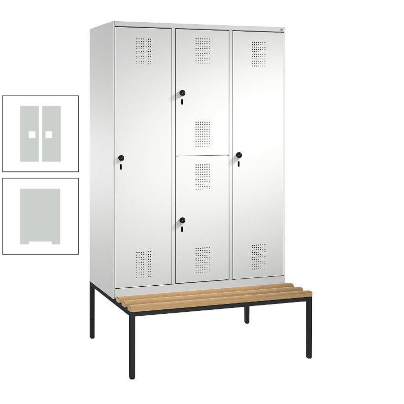 Garderobenschrank, Spind ein- und doppelstöckig Sitzbank, 3 Abteile, 4 Fächer, 2.090x1.200x500 mm (HxBxT), Front anthrazitgrau, Korpus anthrazitgrau