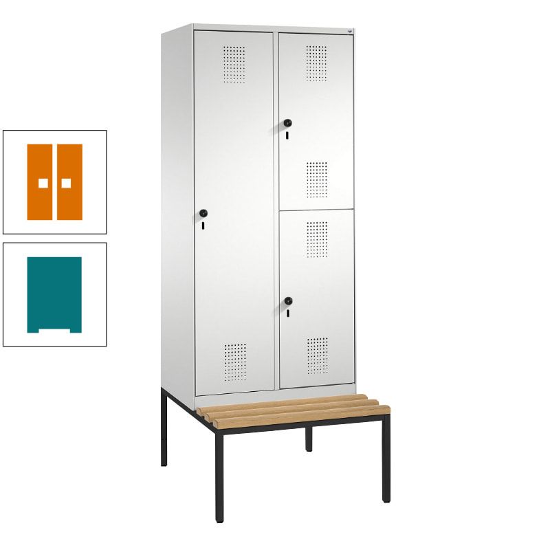Garderobenschrank, Spind ein- und doppelstöckig Sitzbank, 2 Abteile, 3 Fächer, 2.090 x 800 x 500 mm (HxBxT), Front anthrazitgrau, Korpus anthrazitgrau