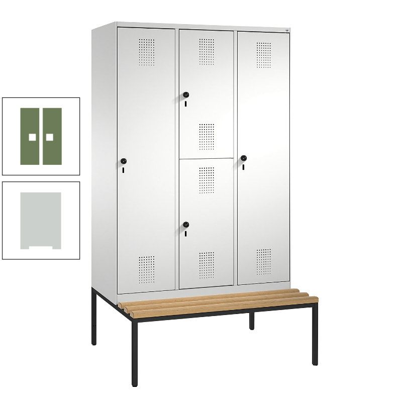 Garderobenschrank, Spind ein- und doppelstöckig Sitzbank, 3 Abteile, 4 Fächer, 2.090x1.200x500 mm (HxBxT), Front anthrazitgrau, Korpus anthrazitgrau