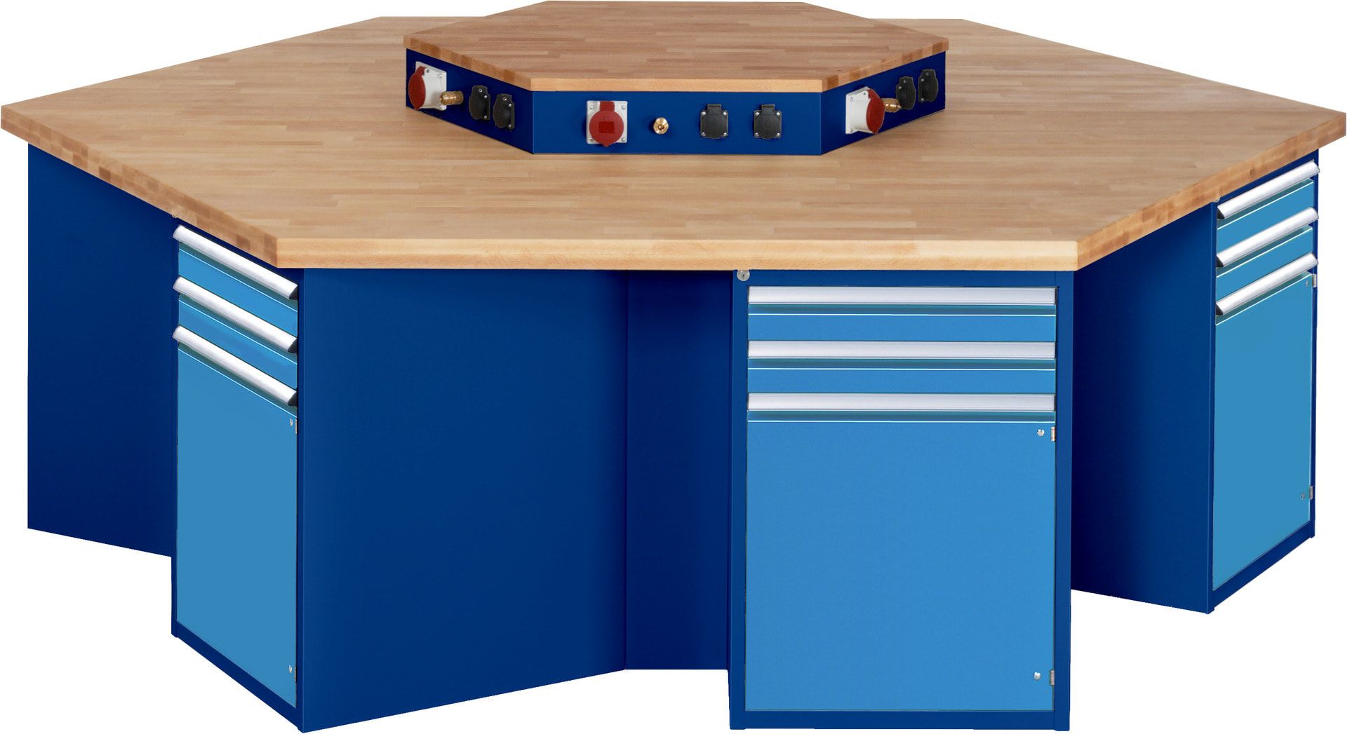 Gruppenwerkbank, Buche, Höhe 840 mm, mit Energieaufsatz, Unterbau-Container, 2 Schubladen, 1 Tür, 1 Boden - Anthrazitgrau