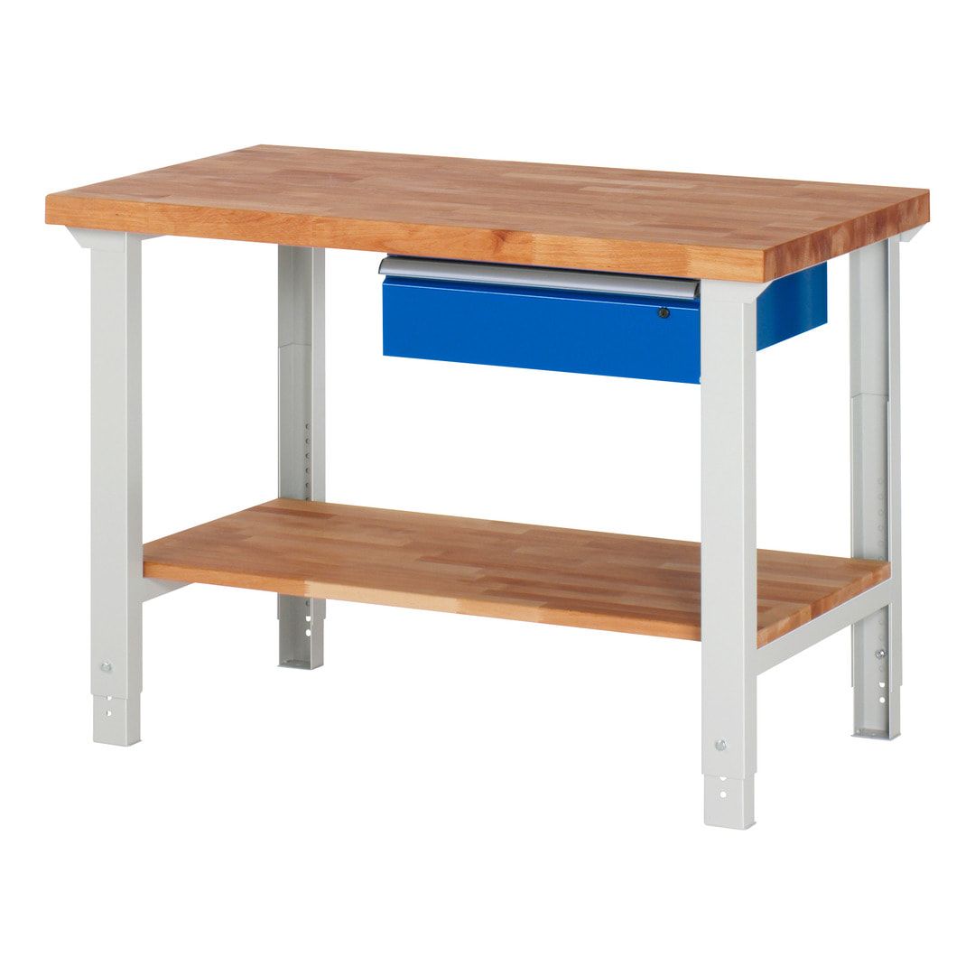 Werkbank mit Ablage - 1 Schublade - 150:1 - höhenverstellbar 790 - 1.140 mm - 1.250 x 700 mm (BxT) - 750 kg - Buche - Anthrazitgrau