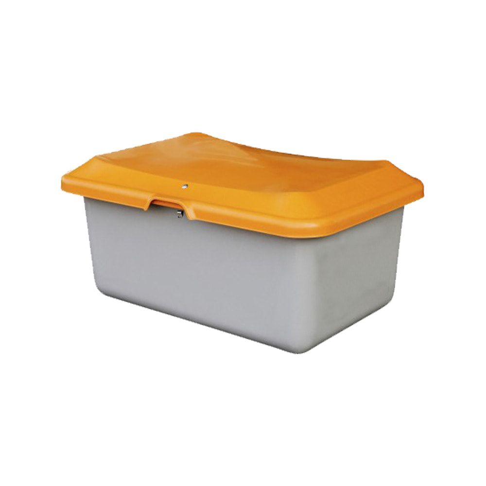 Streugutbehälter für Streusalz, Winterstreumittel, Futtermittel, 100 l Volumen, 340 x 890 x 600 mm (HxBxT), GFK, grau/orange