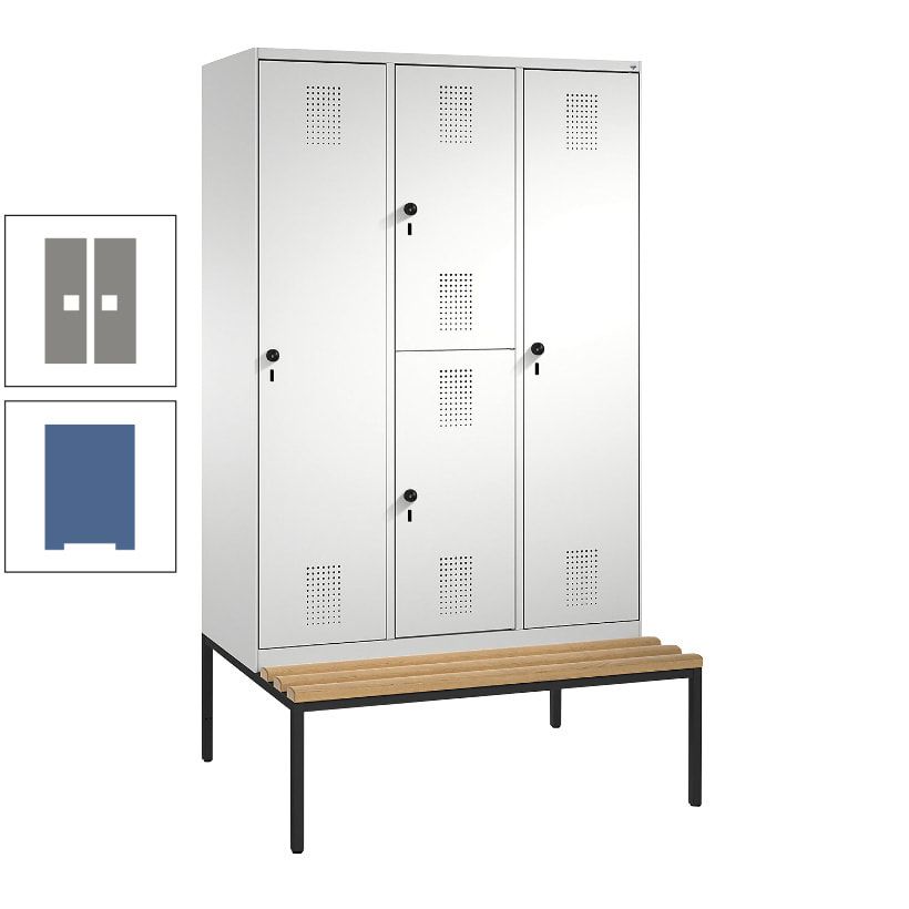 Garderobenschrank, Spind ein- und doppelstöckig Sitzbank, 3 Abteile, 4 Fächer, 2.090x1.200x500 mm (HxBxT), Front anthrazitgrau, Korpus anthrazitgrau
