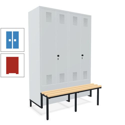 Doppel-Spind, Garderobenschrank, Buche Sitzbank integriert, 4 Abteile 300 mm, Korpus anthrazitgrau, Tür anthrazitgrau, 1.850 x 1.200 x 815 mm (HxBxT)