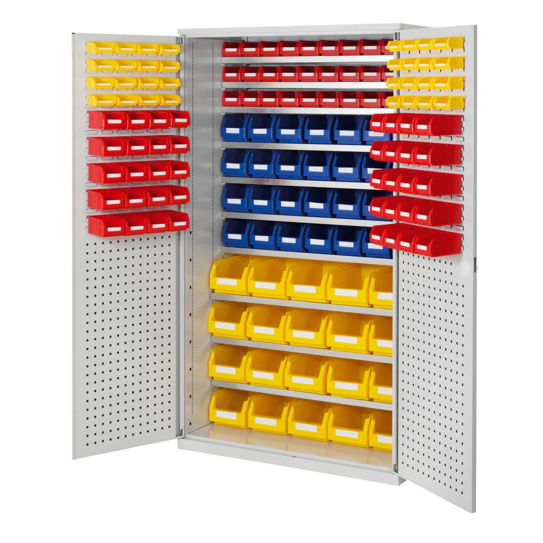 Magazinschrank - 150 Sichtlagerkästen - Loch-/Schlitzplatten Türen - 10 Böden - 1.950 x 1.130 x 590 mm (HxBxT) - lichtgrau