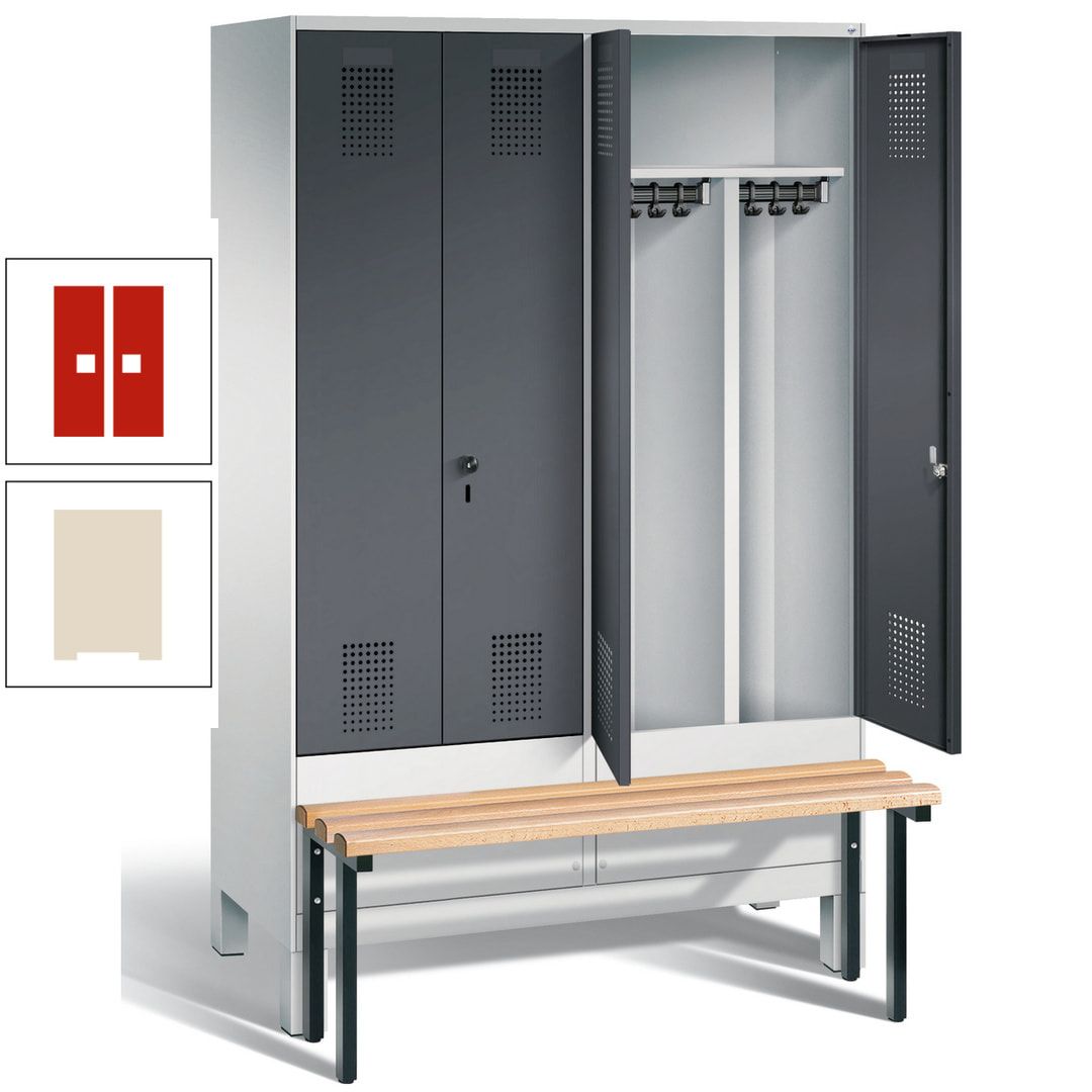 Doppel-Spind, Garderobenschrank, Buche Sitzbank vorgebaut, 4 Abteile a 300 mm, Korpus feuerrot, Tür Wasserblau, 1.850 x 1.200 x 815 mm (HxBxT)