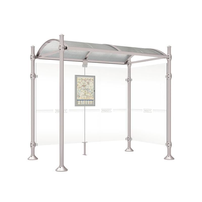 Buswartehalle, Unterstand, 2 Seitenwände, Kopf gebürsteter Edelstahl, ESG, Fahrplanschaukasten, 2.500 x 2.500 x 1.600 mm (HxBxT), Farbe enzianblau