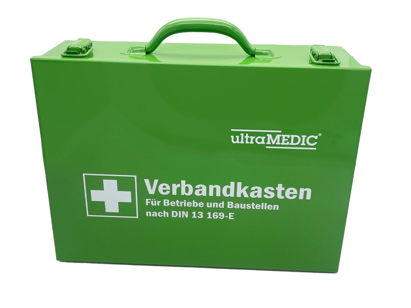 ultraMEDIC Betriebsverbandkasten, Erste-Hilfe-Koffer, mit Füllsortiment, DIN 13169, 265 x 355 x 100 mm (HxBxT), Stahl, grün