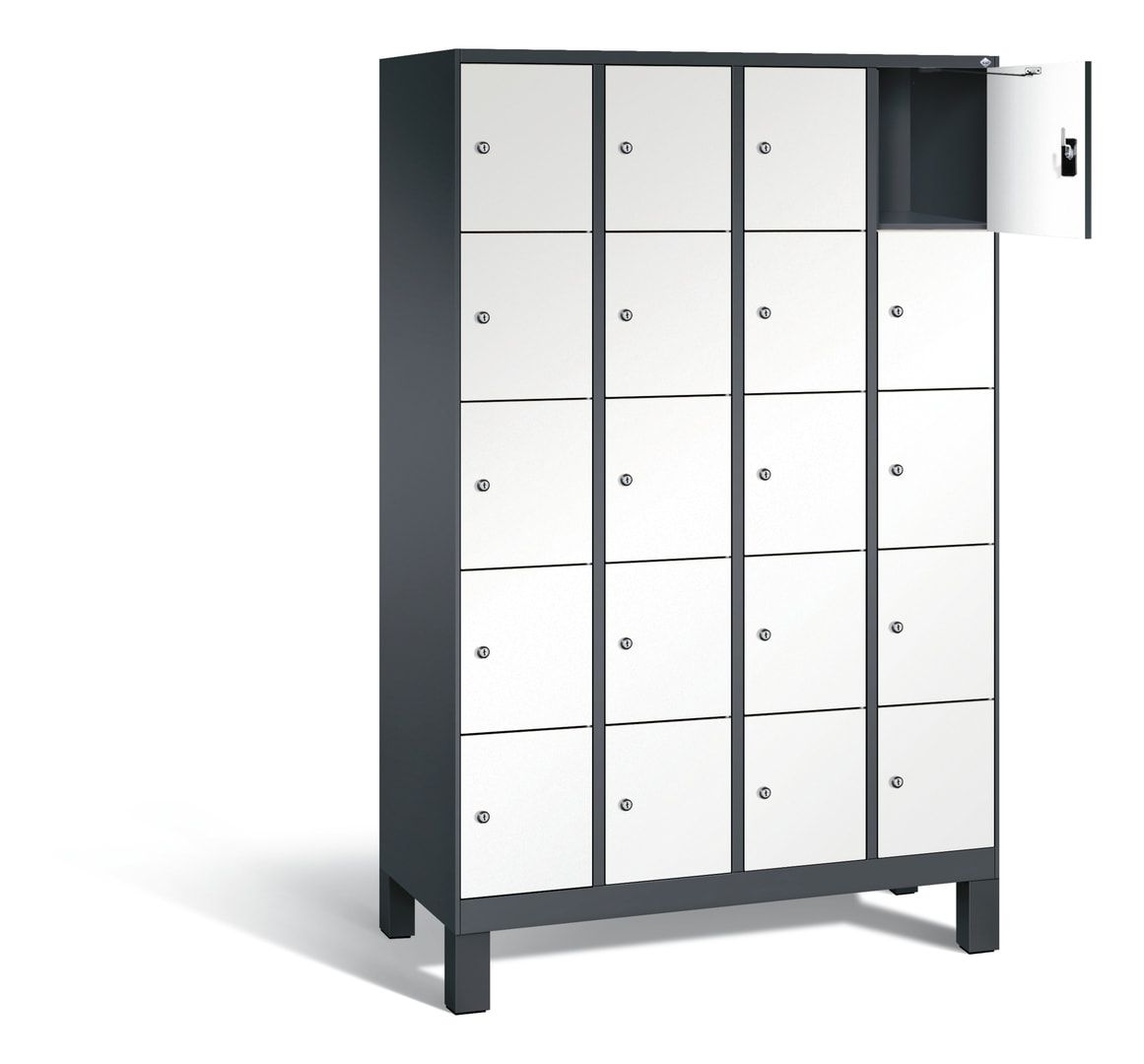 Garderobenschrank, Spindschrank auf Füßen, 4 Abteile, 20 Fächer, 1.850 x 1.200 x 500 mm (HxBxT), Dekorfront HPL Donau-Ahorn, Korpus anthrazitgrau