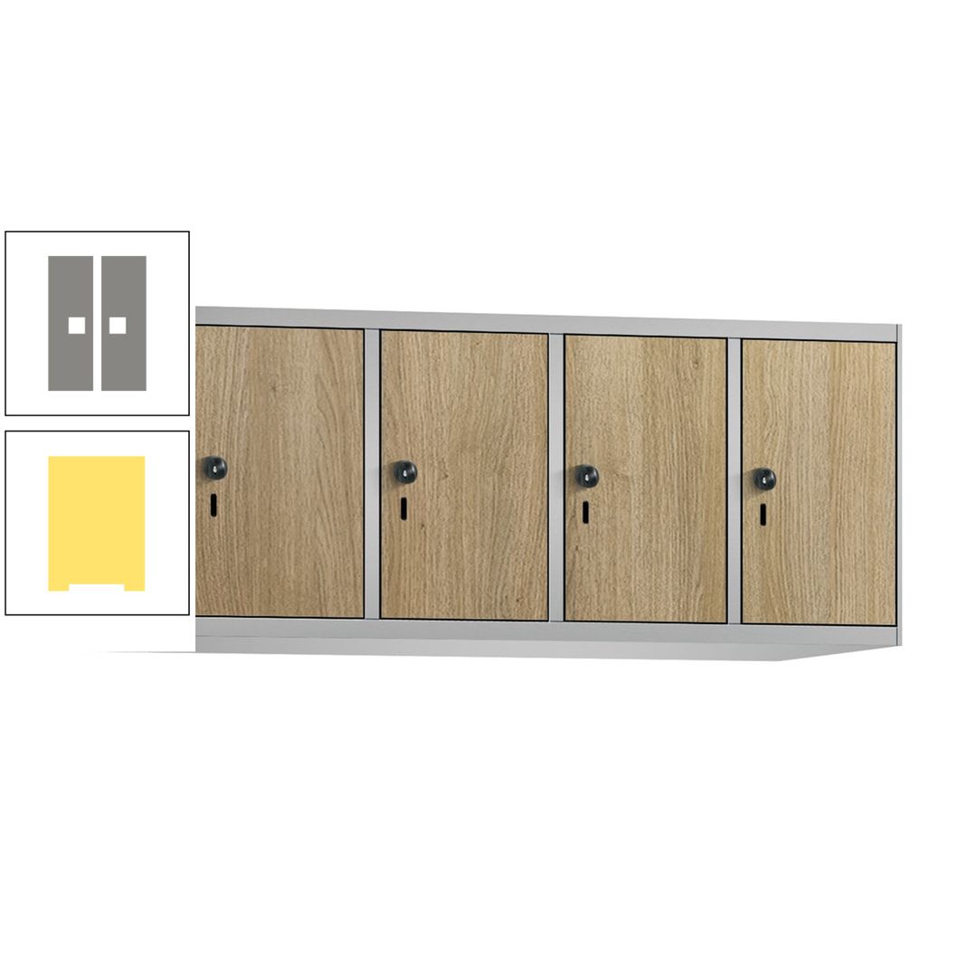 Aufsatzschrank, Schrankaufsatz, 4 Fächer a 300 mm, Farbe Pastellgelb, Tür anthrazitgrau, 500 x 1.200 x 500 mm (HxBxT)
