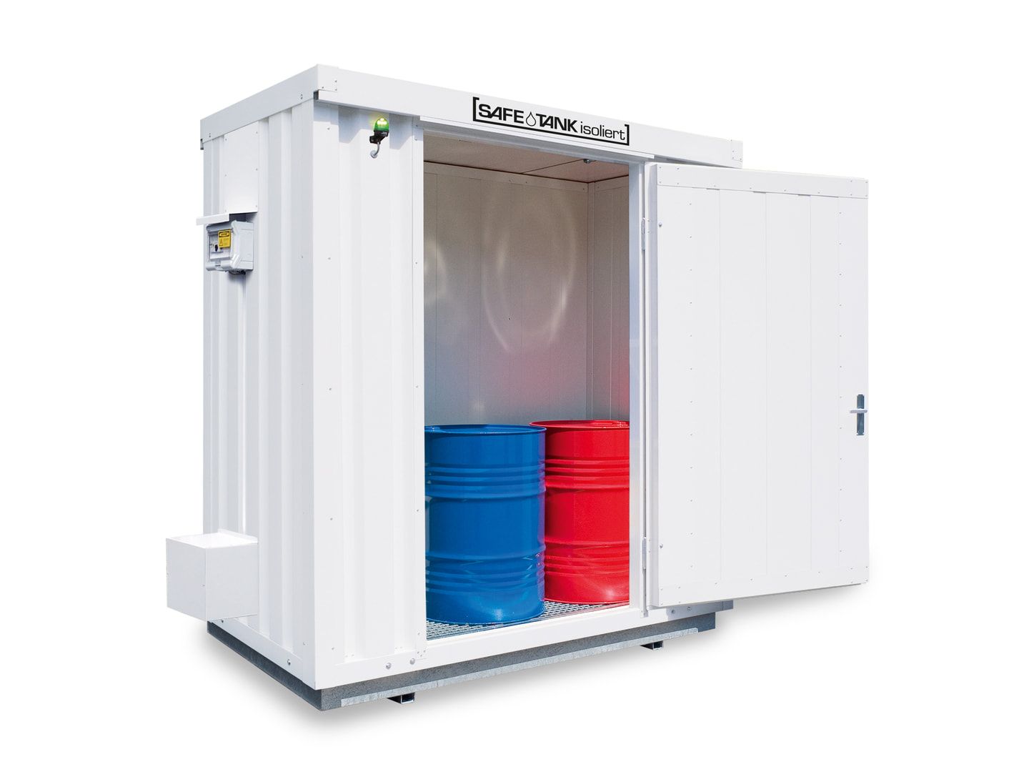 Isolierter Gefahrstoffcontainer - 2.520 x 2.100 x 1.140 mm (HxBxT) - Auffangvolumen 275 l - mit Sensorlüfter - asymmetrische Doppelflügeltür